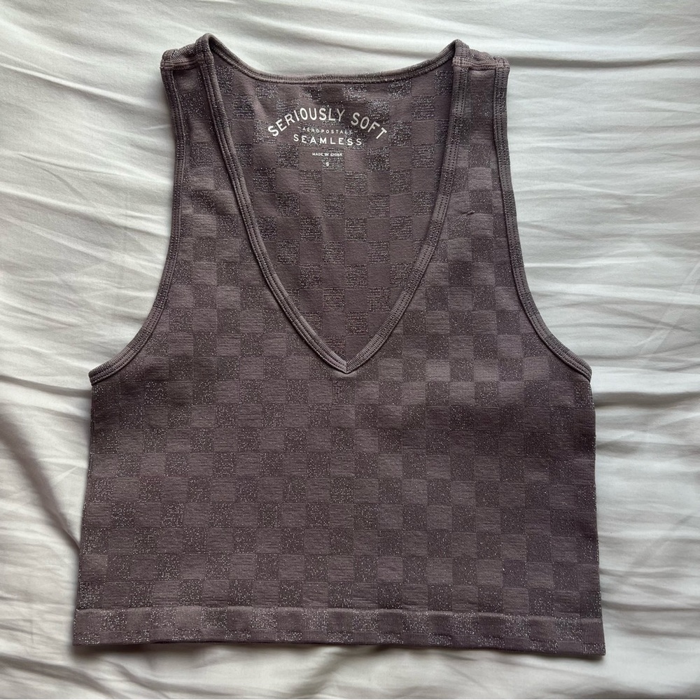 Aeropostale Purple Checkered Sparkly V-Neck Tank Top